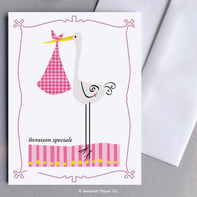 French New Baby Girl Stork Card