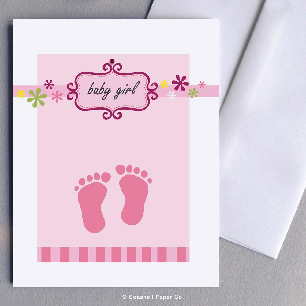 New Baby Girl Footprint Card Wholesale (Package of 6) - seashell-paper-co