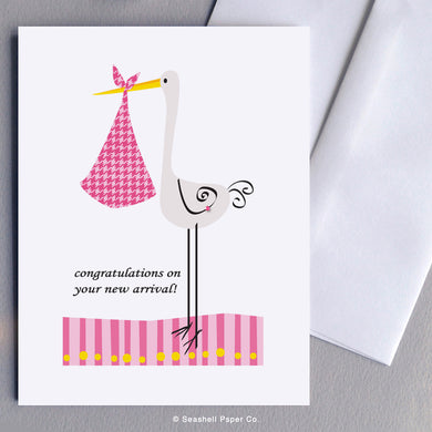New Baby Girl Stork Card - seashell-paper-co