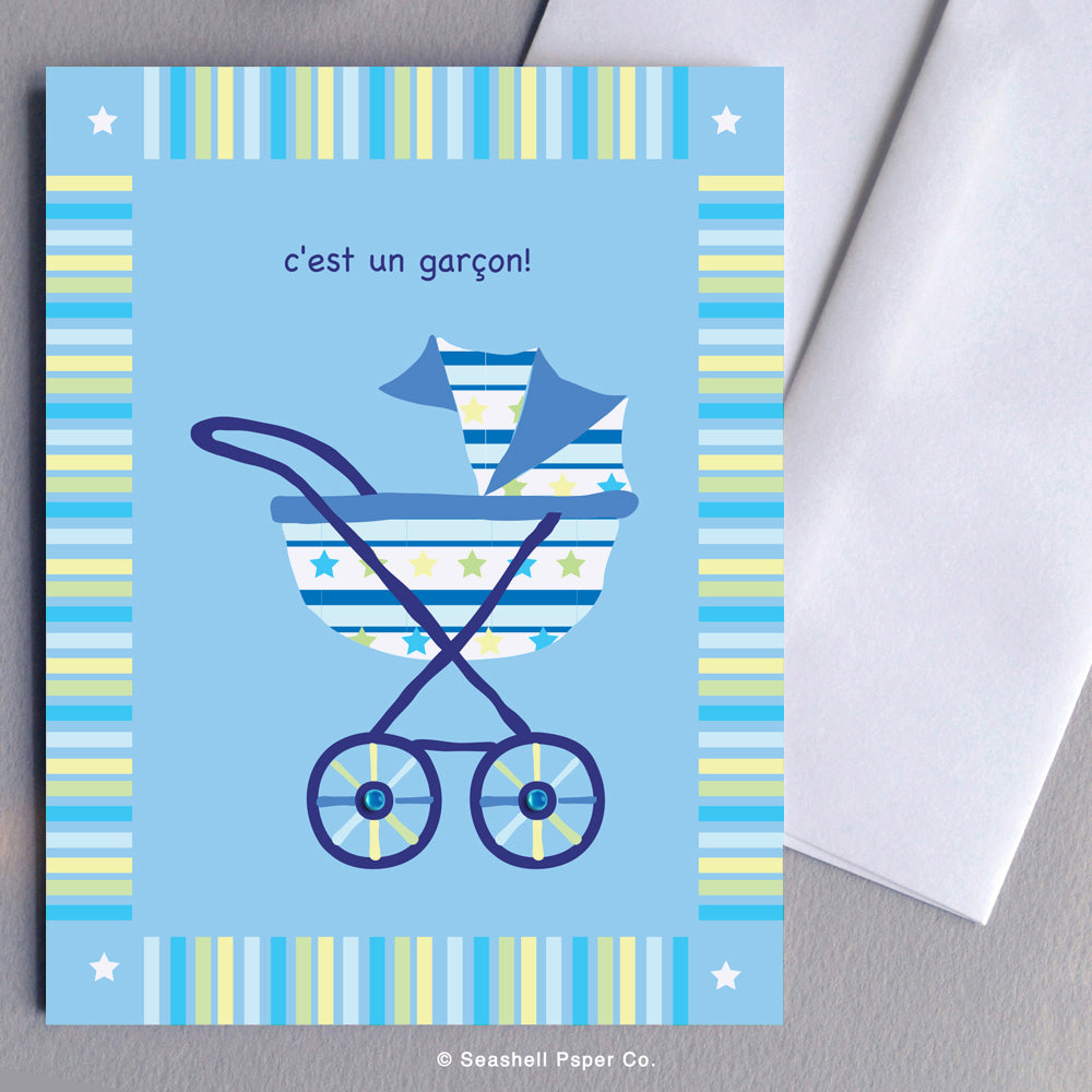French New Baby Boy Stroller Card - seashell-paper-co