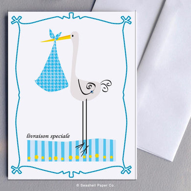 French New Baby Stork Card Wholesale (Package of 6) - seashell-paper-co