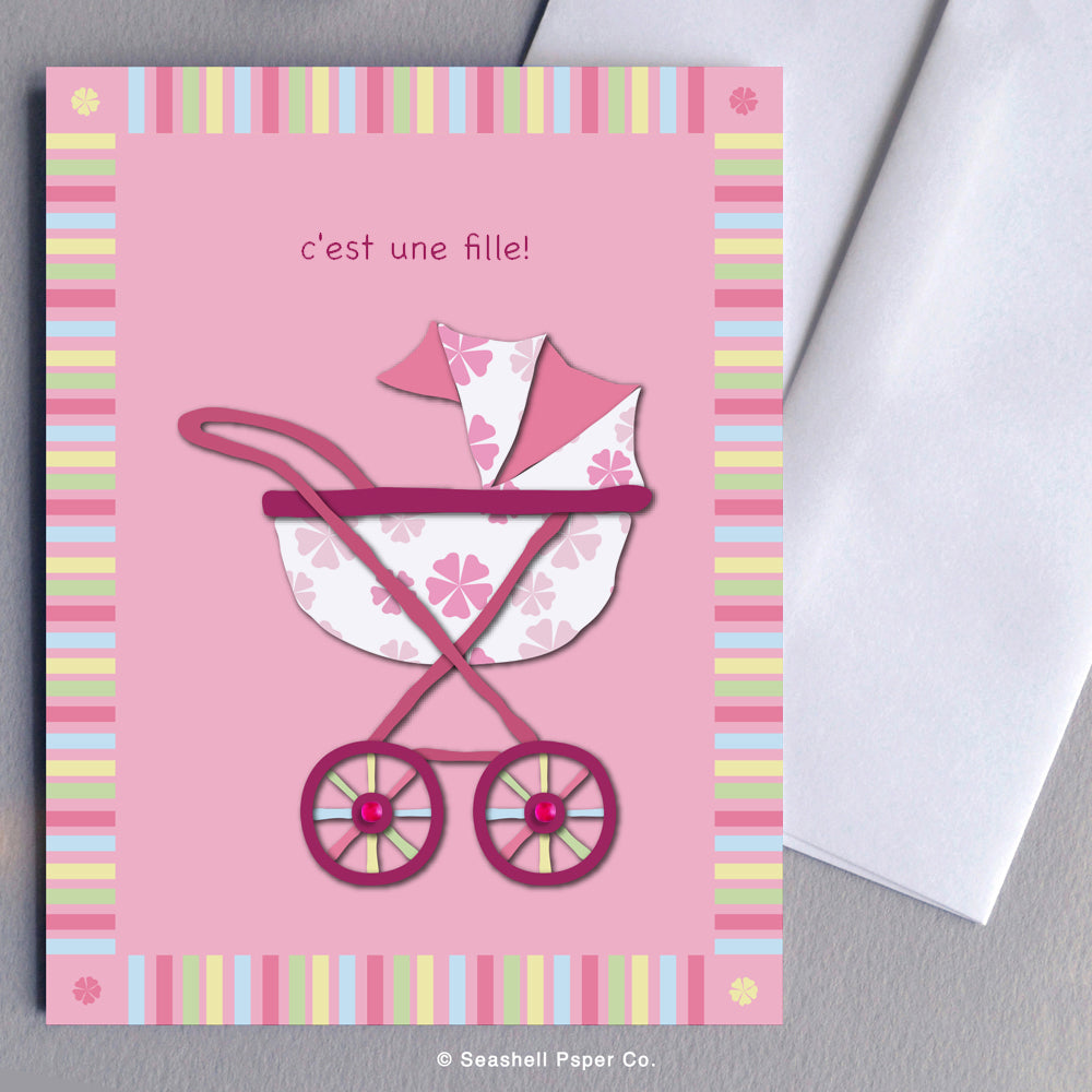 French New Baby Girl Stroller Card - seashell-paper-co