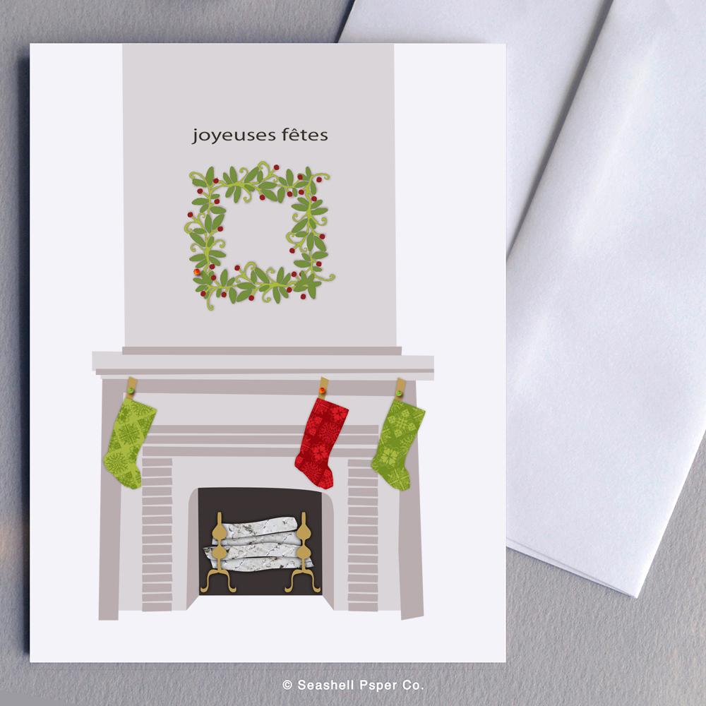 French Holiday Seasons Fireplace Card Wholesale (Package of 6) - seashell-paper-co