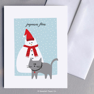 French Holiday Seasons Cat Snowman Card Wholesale (Package of 6) - seashell-paper-co
