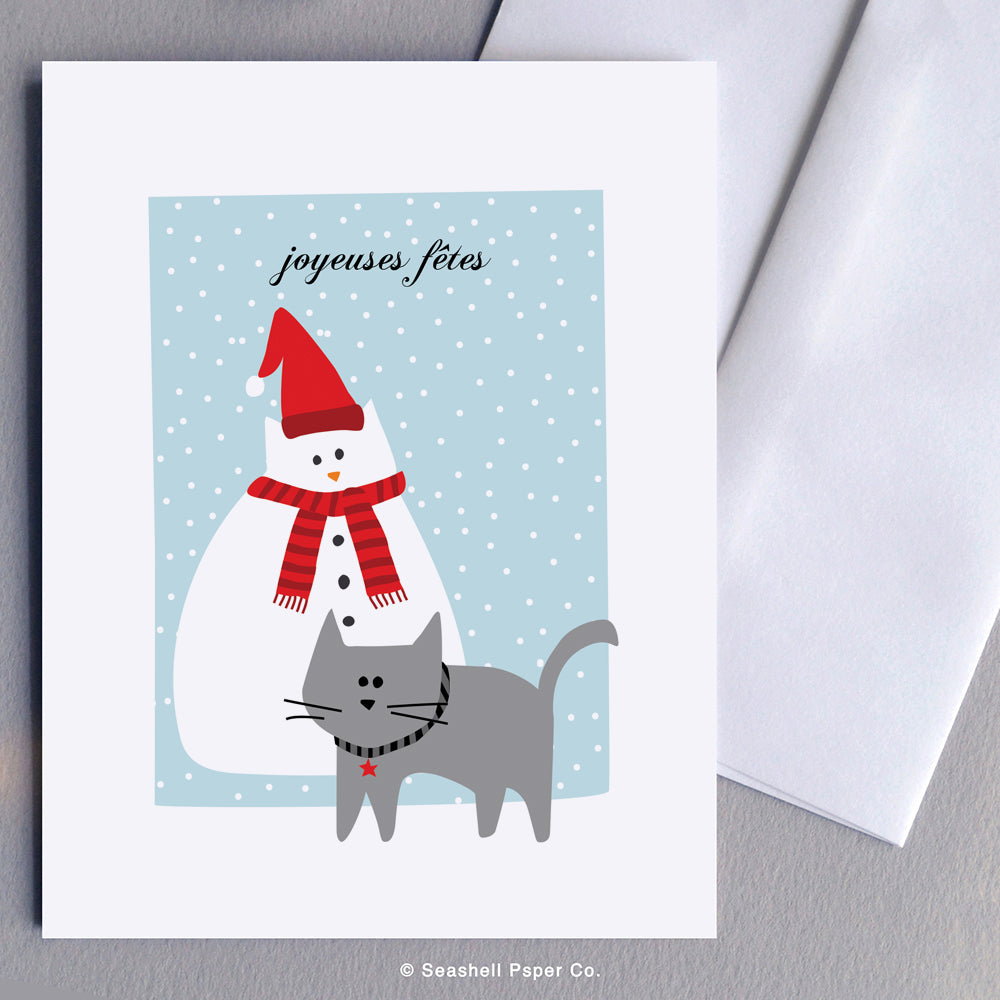French Holiday Seasons Cat Snowman Card - seashell-paper-co