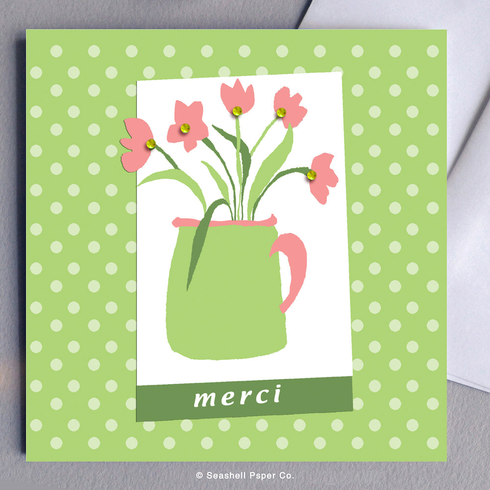 French Thank You Pink Flowers Card - seashell-paper-co