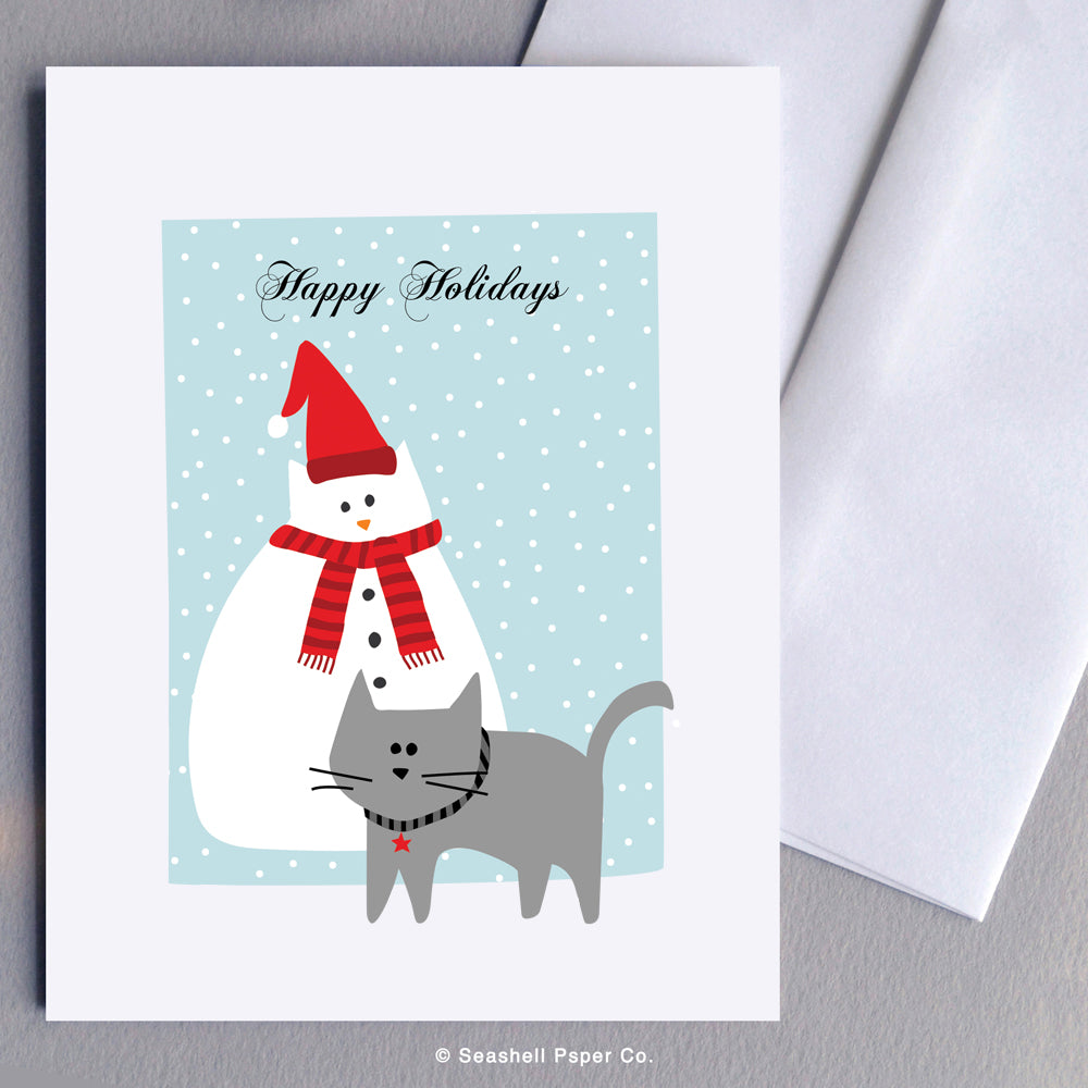 Holiday Season Snowman and Cat Card - seashell-paper-co
